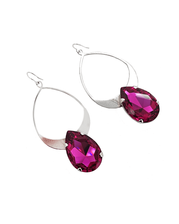 Vogue Teardrop Magenta Pink Crystal, Silver Teardrop Metal Earrings, Silver Metal Earrings, 7cm long, Made in Australia, Redki Couture Jewellery