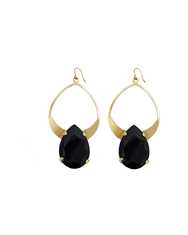 Vogue Teardrop Black Crystal, Gold Teardrop Metal Earrings, Gold Metal Earrings, 7cm long, Made in Australia, Redki Couture Jewellery