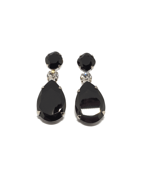 Astor black and Clear 5cm long earrings, rhodium Metal, handmade by Redki Couture Jewellery, Made in Australia