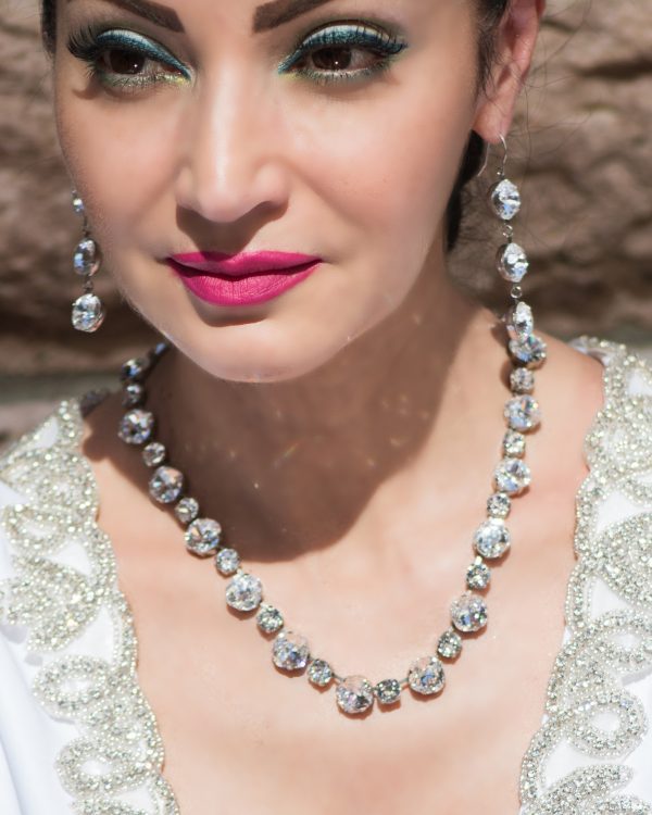 Stunning Halo Clear Crystal Necklace, Silver Metal, perfect for any event. Hand Made by Redki Couture Jewellery