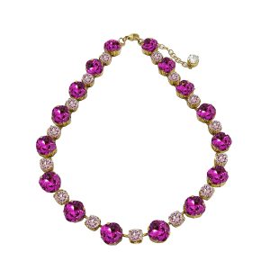 Stunning Halo Pink and Clear Crystal Necklace, Gold Metal, perfect for any event. Hand Made by Redki Couture Jewellery