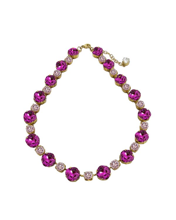 Stunning Halo Pink and Clear Crystal Necklace, Gold Metal, perfect for any event. Hand Made by Redki Couture Jewellery