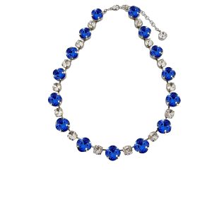 Stunning Halo Blue and Clear Crystal Necklace, Silver Metal, perfect for any event. Hand Made by Redki Couture Jewellery