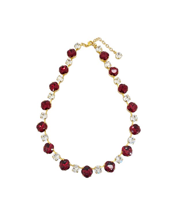 Stunning Halo Red and Clear Crystal Necklace, Gold Metal, perfect for any event. Hand Made by Redki Couture Jewellery