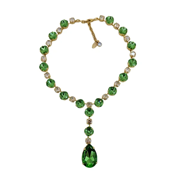 Halo Necklace Green and Gold Crystals Gold Metal Pendant 8cm Long